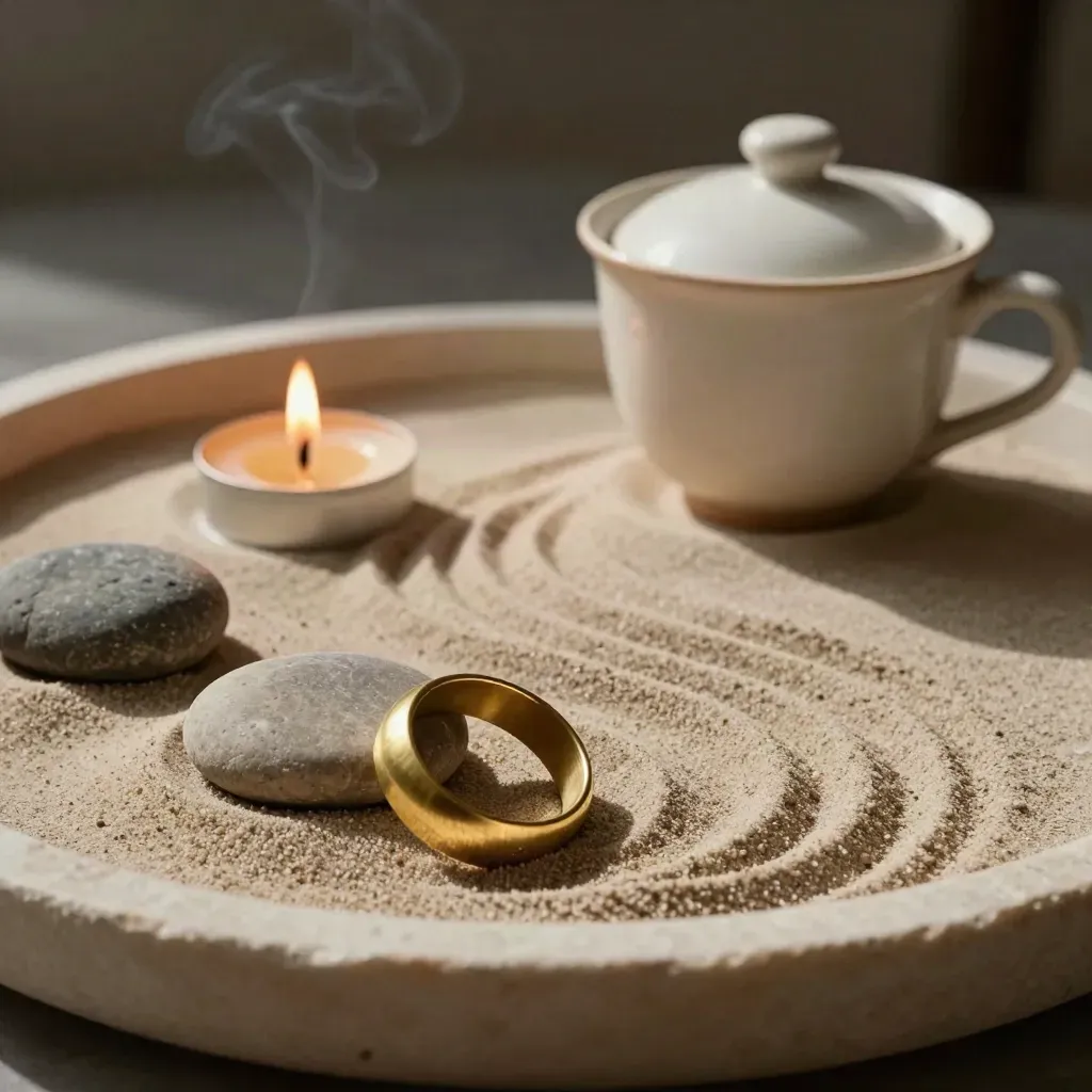 Sand tray with stones, brass ring, lit taper candle, and lidded cup on pale limestone.