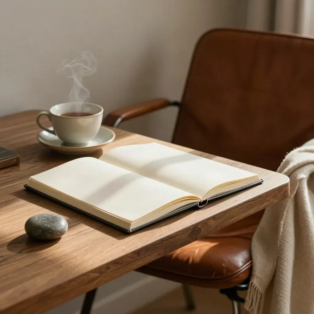 Brussels study corner with open notebook, stone weight, leather chair, tea cup and wool throw in daylight.