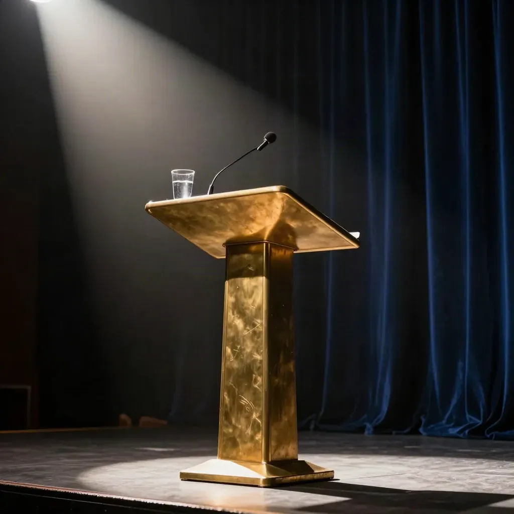 Brass lectern, microphone and water glass in a dark conference hall with navy velvet curtains.