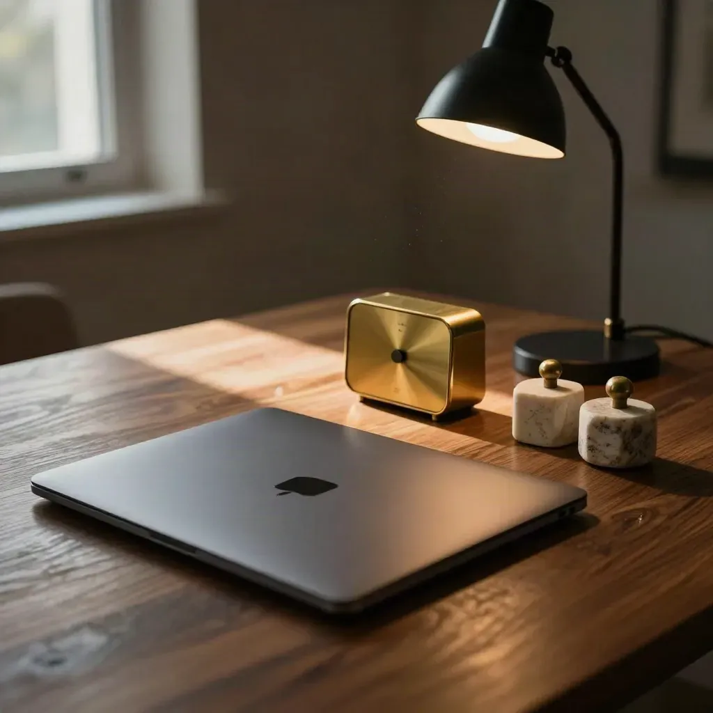 Closed laptop, brass timer, stone weights and lamp glow on a dark oak founder’s desk in an empty room