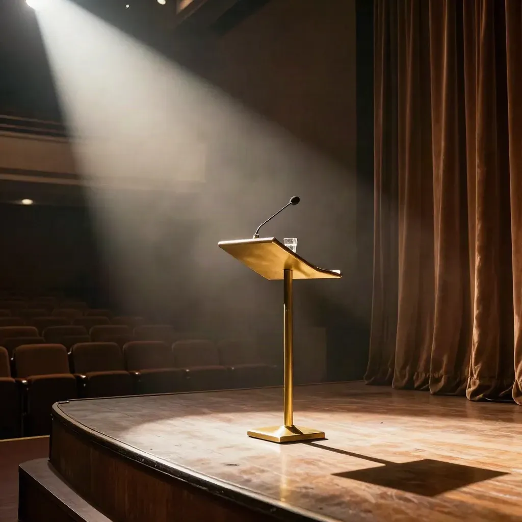 Empty auditorium stage with brass lectern, microphone and water under a single spotlight.