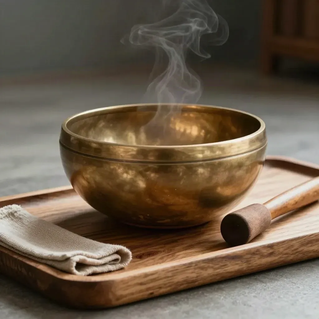Singing bowl on cedar tray with linen edge and mallet in a calm haze.