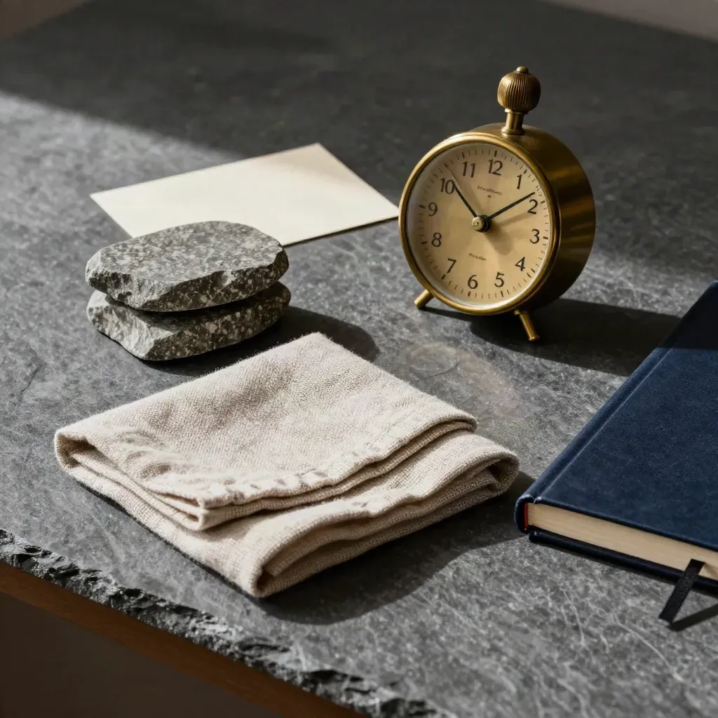 Brass timer, stone markers, linen cloth and navy notebook on a slate desk in soft side light.