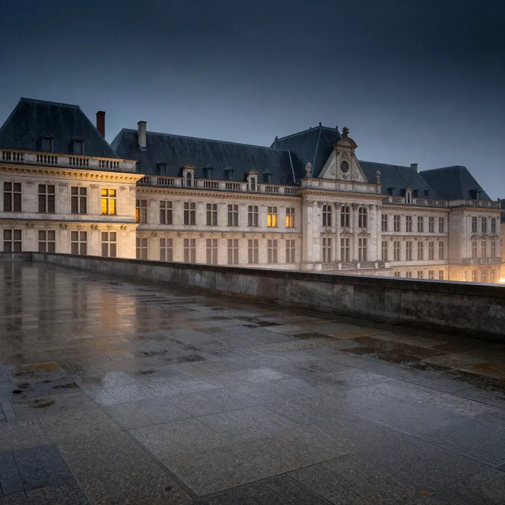 Brussels skyline at blue hour above a wet empty terrace, palace roofline glowing in mist.