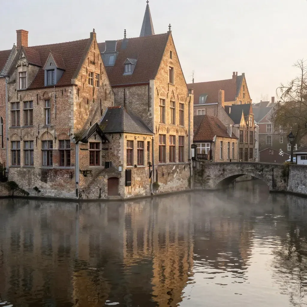 Golden Bruges canal with stepped gables, bridge, and misty water at sunrise